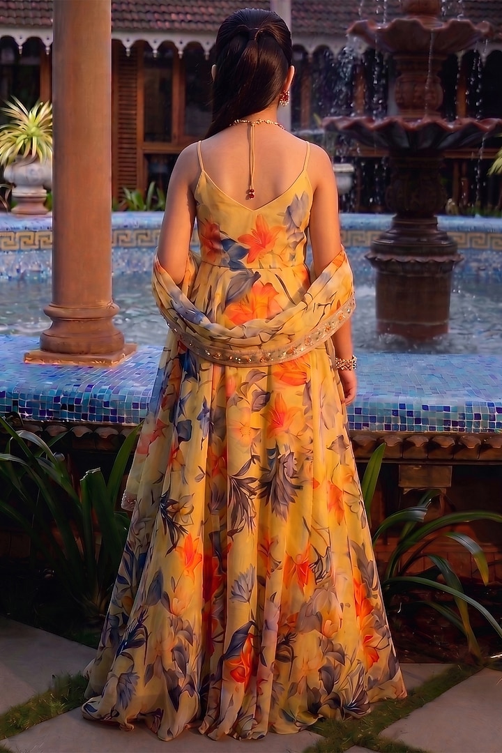 Misted Yellow Viscose Crepe Printed Anarkali Set For Girls by Affroz Kids at Pernia's Pop Up Shop