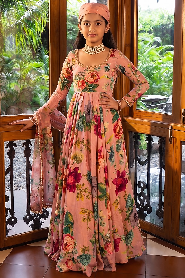 Dusty Rose Pink Viscose Crepe Printed Anarkali Set For Girls by Affroz Kids at Pernia's Pop Up Shop