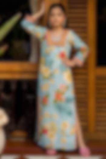 Tropical Blue Viscose Crepe Printed Kaftan For Girls by Affroz Kids at Pernia's Pop Up Shop