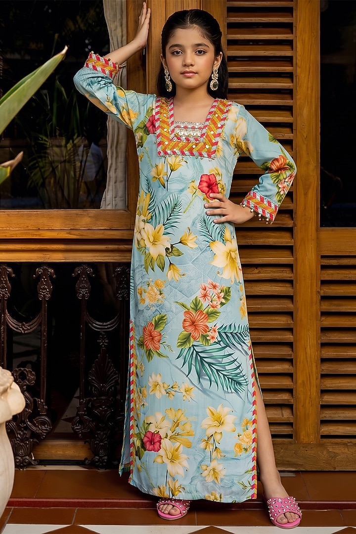 Tropical Blue Viscose Crepe Printed Kaftan For Girls by Affroz Kids at Pernia's Pop Up Shop