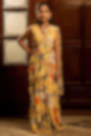 Yellow Viscose Crepe Printed Pre-Draped Saree Set For Girls by Affroz Kids at Pernia's Pop Up Shop