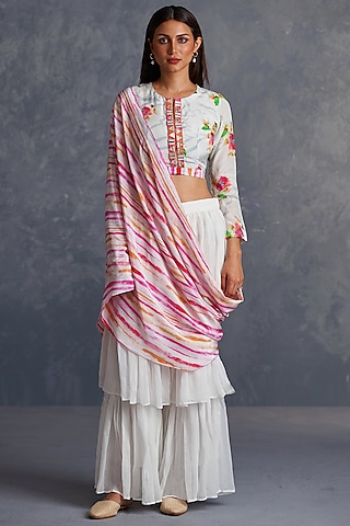 White Natural Crepe Digital Printed Palazzo Saree Set by Affroz