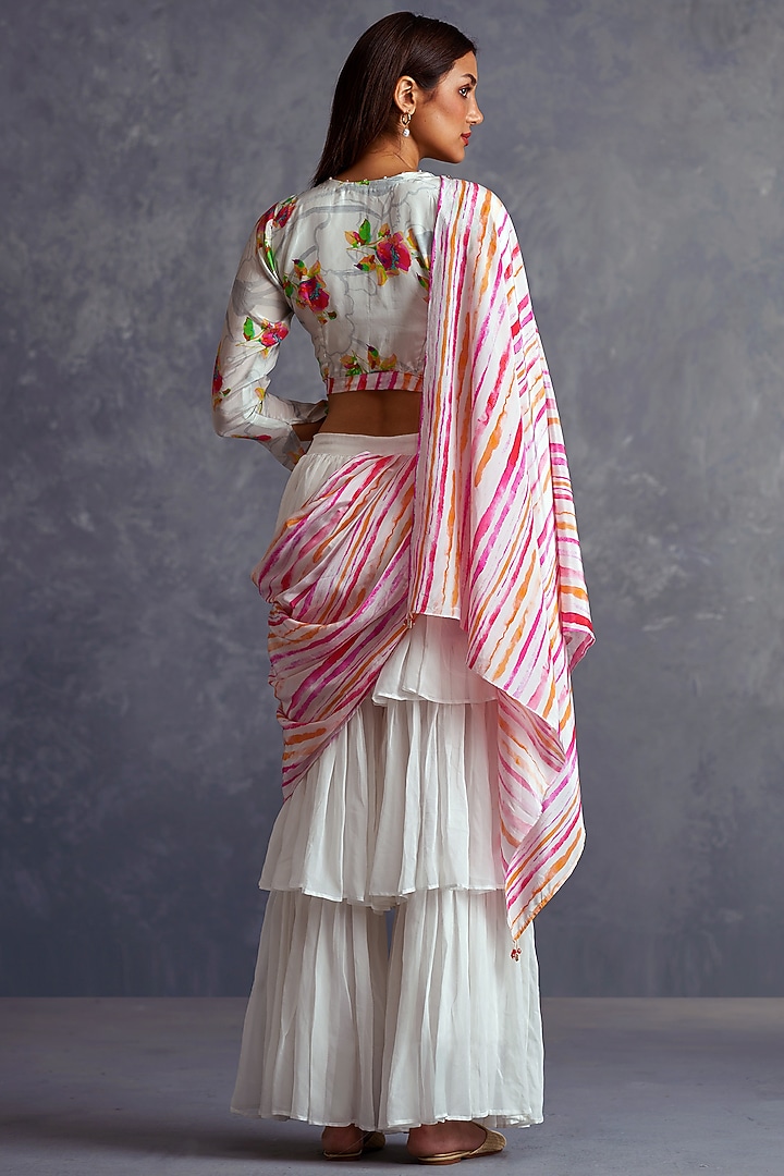 White Natural Crepe Digital Printed Palazzo Party Wear Saree Set by Affroz at Pernia's Pop Up Shop