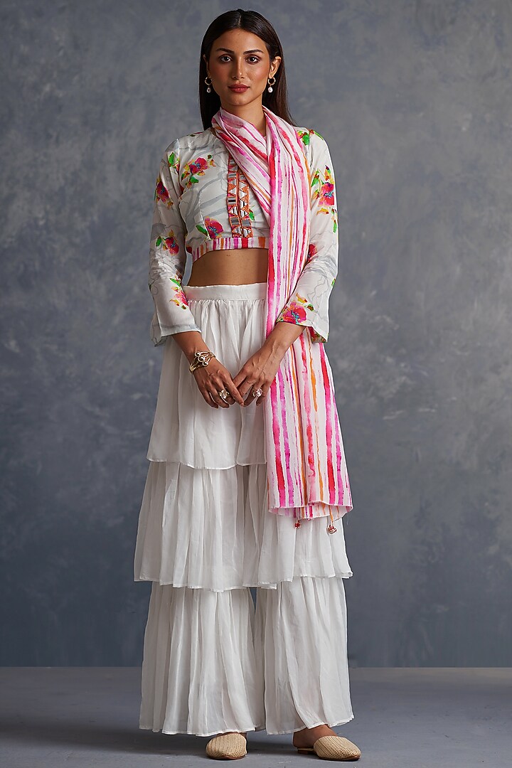 White Natural Crepe Digital Printed Palazzo Party Wear Saree Set by Affroz at Pernia's Pop Up Shop