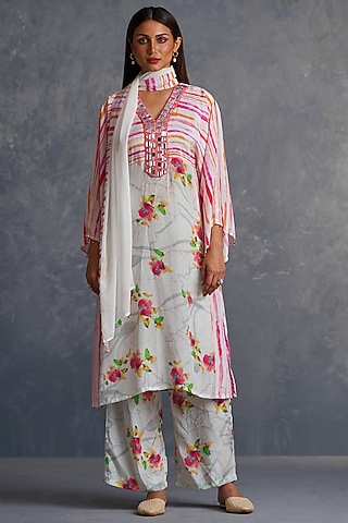 White Viscose Crepe Printed Kurta Set by Affroz