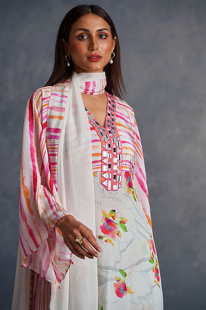 White Viscose Crepe Printed Kurta Set by Affroz at Pernia's Pop Up Shop