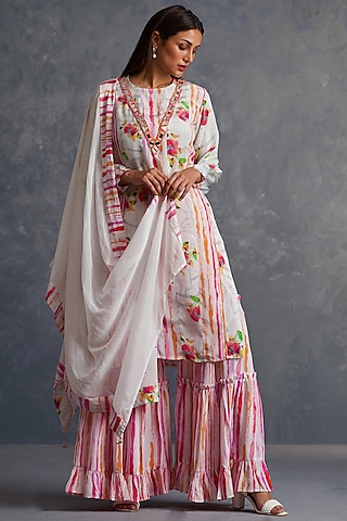 White Viscose Crepe Stripe Printed Sharara Set by Affroz