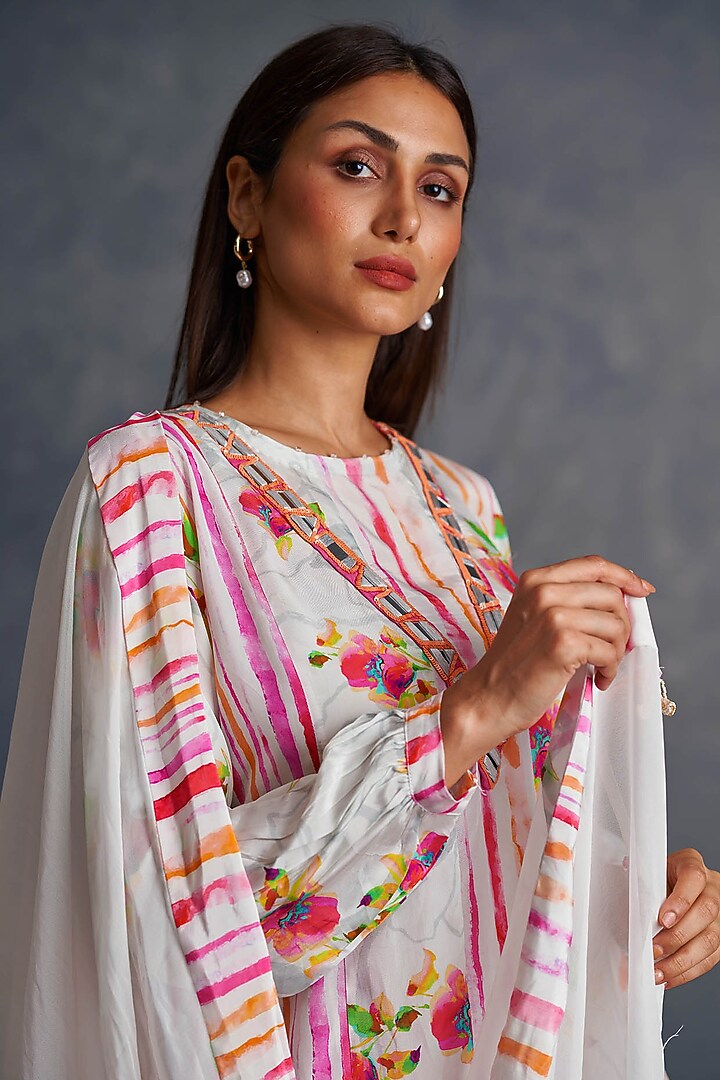 White Viscose Crepe Stripe Printed Party Wear Sharara Set by Affroz at Pernia's Pop Up Shop