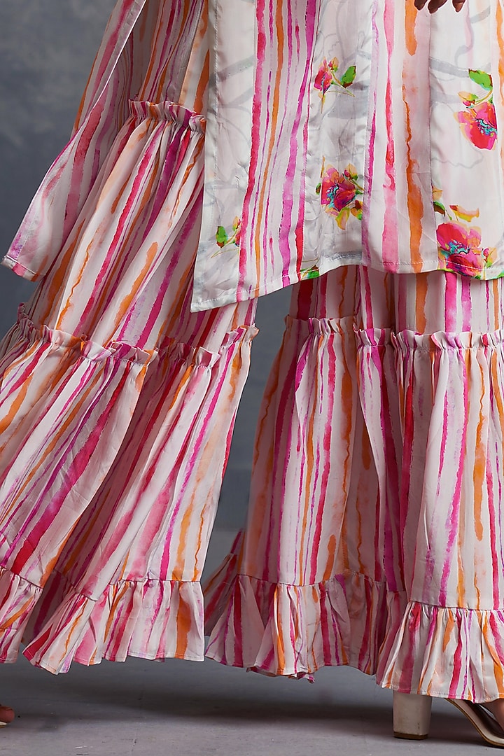 White Viscose Crepe Stripe Printed Party Wear Sharara Set by Affroz at Pernia's Pop Up Shop