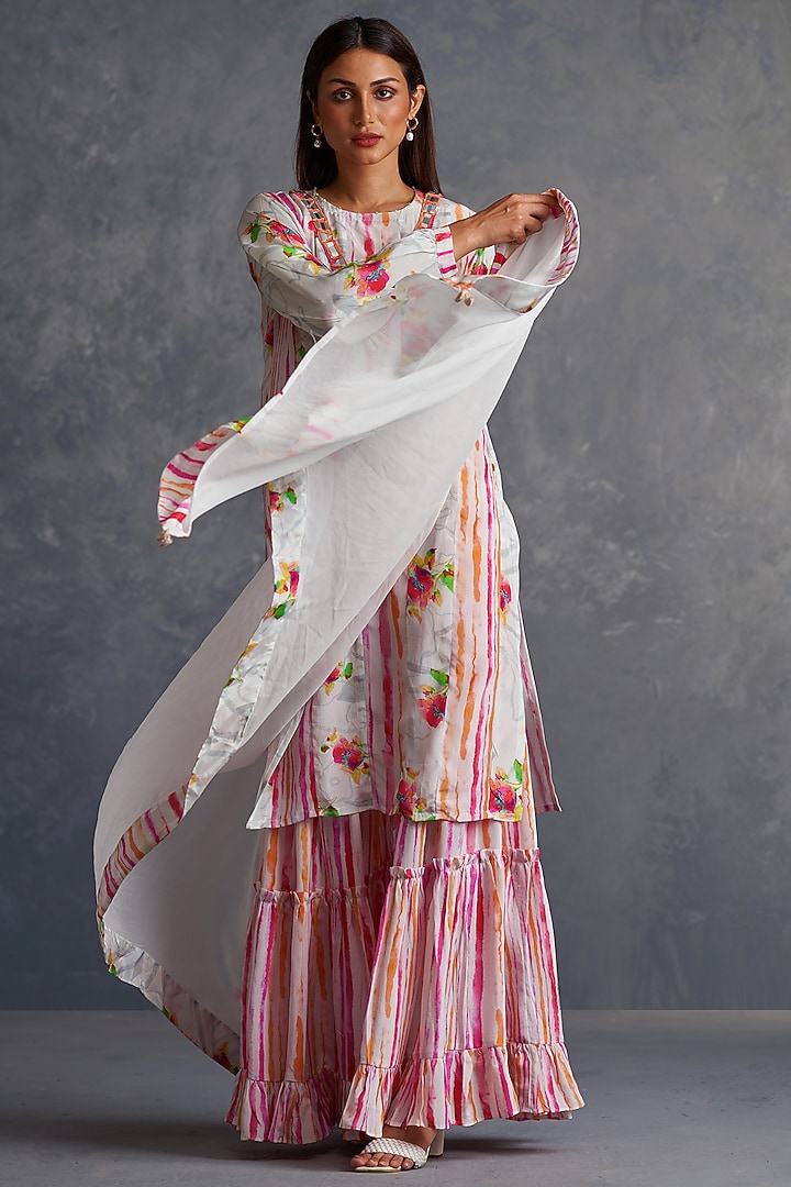 White Viscose Crepe Stripe Printed Party Wear Sharara Set by Affroz at Pernia's Pop Up Shop