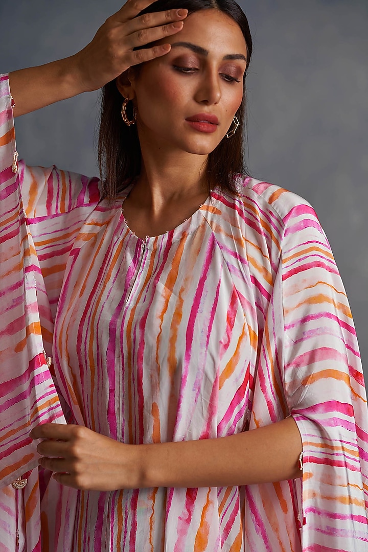 White Viscose Crepe Stripes Printed Flared Kurta Set by Affroz at Pernia's Pop Up Shop