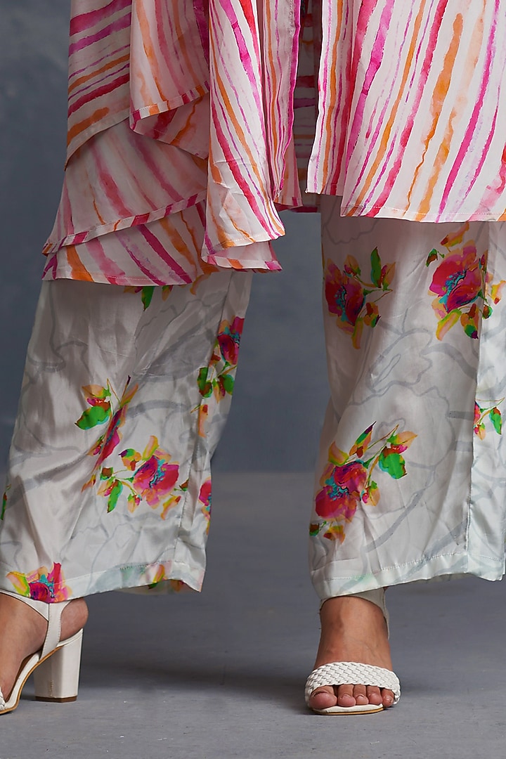 White Viscose Crepe Stripes Printed Flared Kurta Set by Affroz at Pernia's Pop Up Shop