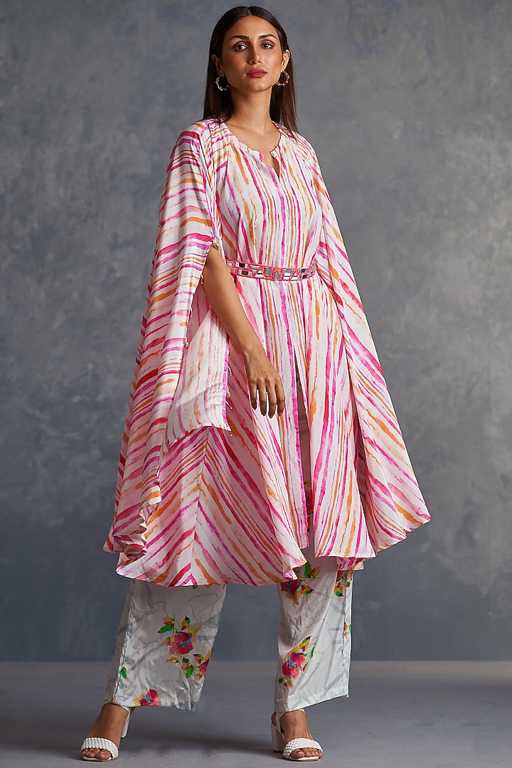 White Viscose Crepe Stripes Printed Flared Kurta Set by Affroz at Pernia's Pop Up Shop