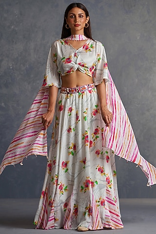 White Natural Crepe Floral Printed Lehenga Set by Affroz