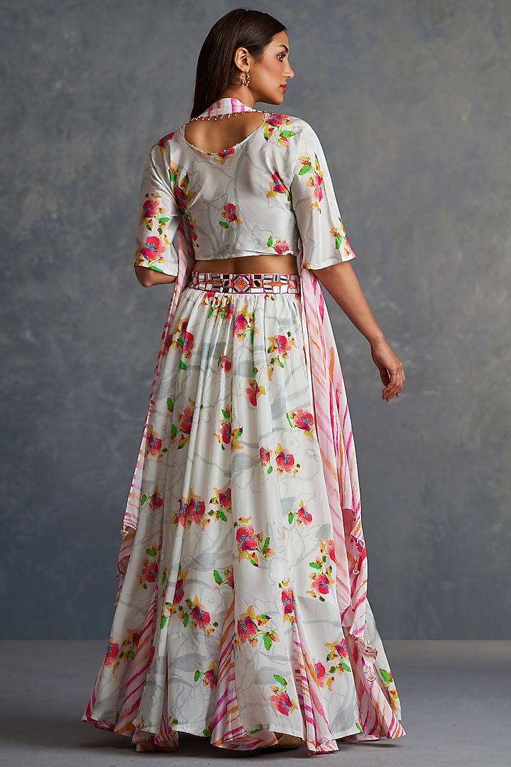 White Natural Crepe Floral Printed Lehenga Set by Affroz at Pernia's Pop Up Shop