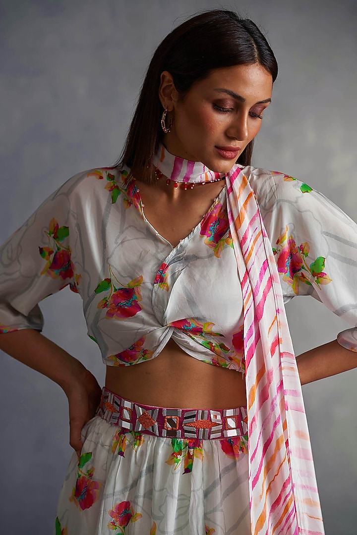 White Natural Crepe Floral Printed Lehenga Set by Affroz at Pernia's Pop Up Shop