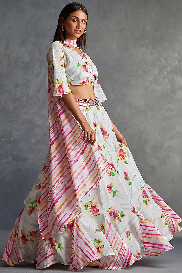 White Natural Crepe Floral Printed Lehenga Set by Affroz at Pernia's Pop Up Shop