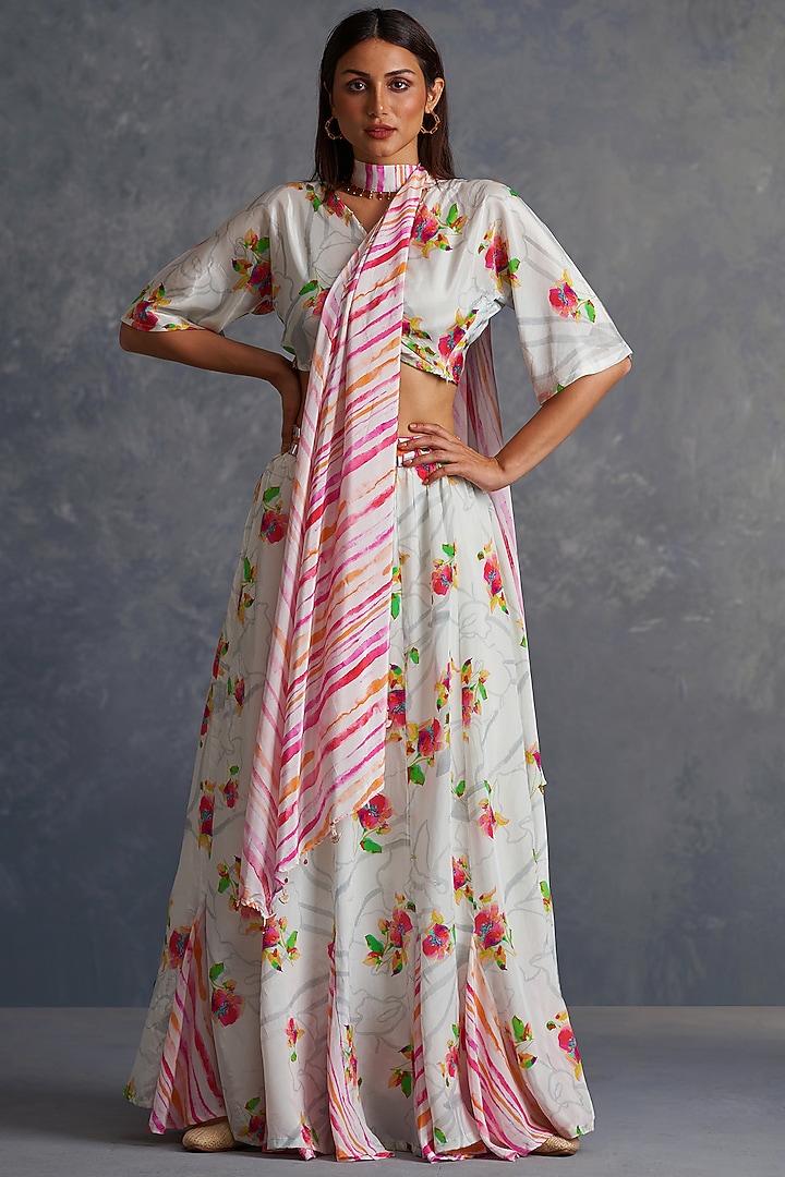 White Natural Crepe Floral Printed Lehenga Set by Affroz at Pernia's Pop Up Shop