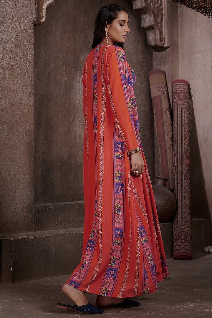 Red Viscose Crepe Embroidered Draped Skirt Set by Affroz at Pernia's Pop Up Shop