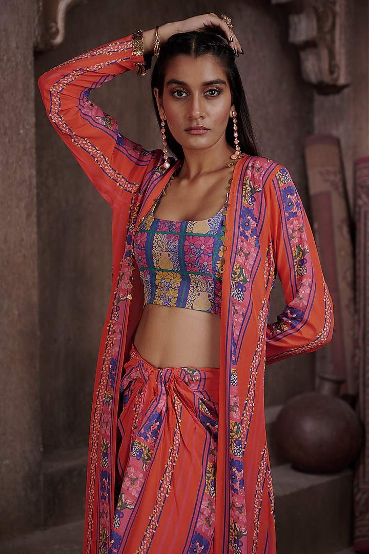 Red Viscose Crepe Embroidered Draped Skirt Set by Affroz at Pernia's Pop Up Shop