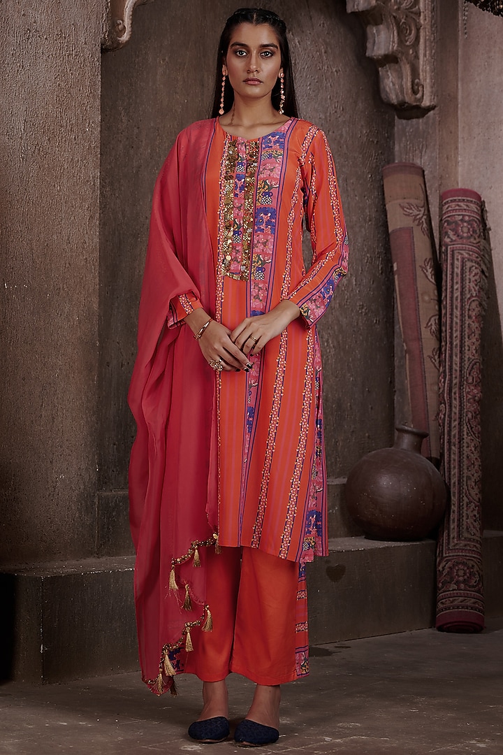 Red Viscose Crepe Printed & Embroidered Kurta Set by Affroz