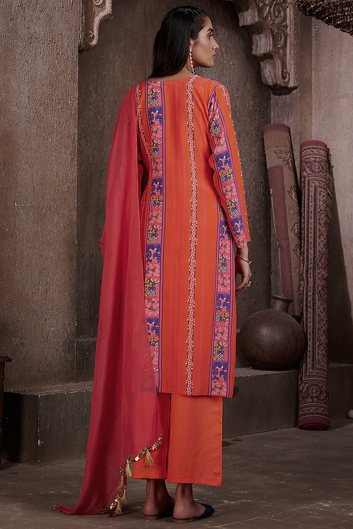 Red Viscose Crepe Printed & Embroidered Kurta Set by Affroz at Pernia's Pop Up Shop