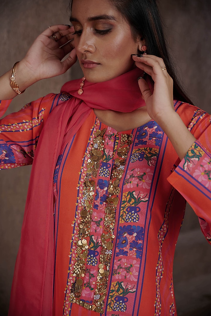 Red Viscose Crepe Printed & Embroidered Kurta Set by Affroz at Pernia's Pop Up Shop