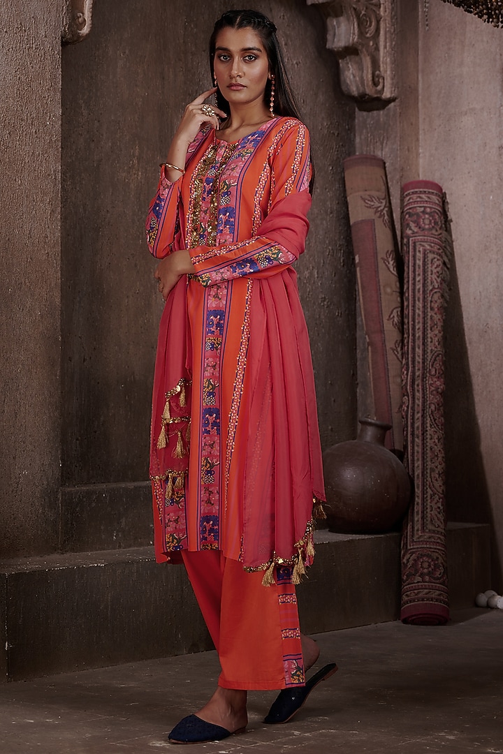 Red Viscose Crepe Printed & Embroidered Kurta Set by Affroz at Pernia's Pop Up Shop