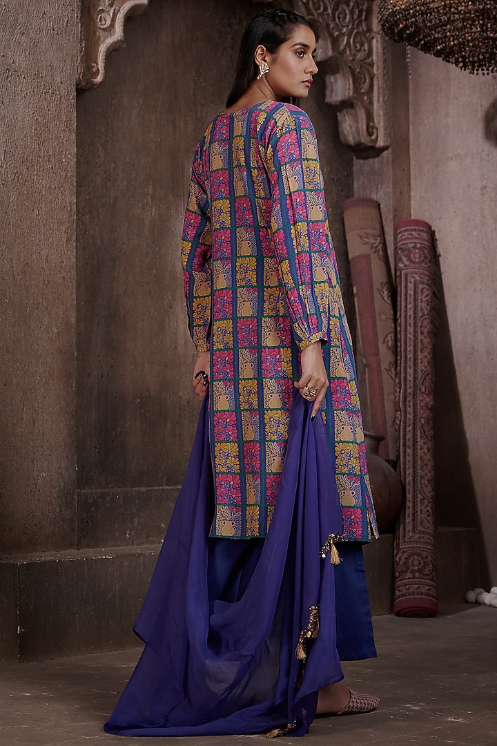 Royal Blue Viscose Crepe Printed & Embroidered Kurta Set by Affroz at Pernia's Pop Up Shop