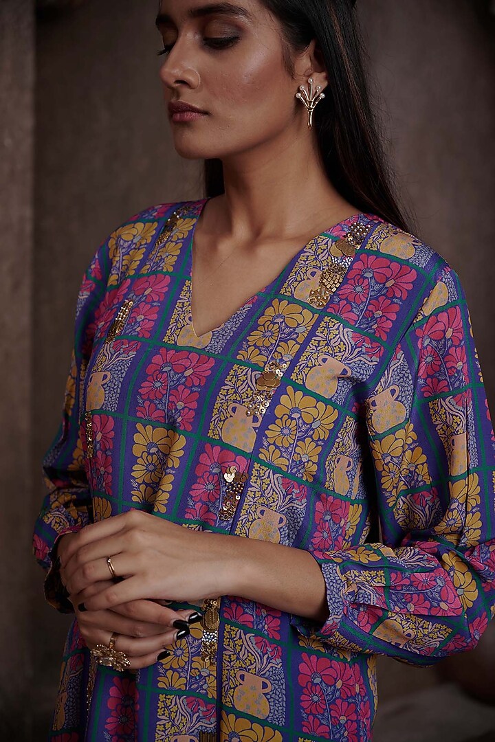 Royal Blue Viscose Crepe Printed & Embroidered Kurta Set by Affroz at Pernia's Pop Up Shop