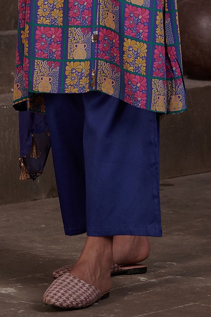 Royal Blue Viscose Crepe Printed & Embroidered Kurta Set by Affroz at Pernia's Pop Up Shop