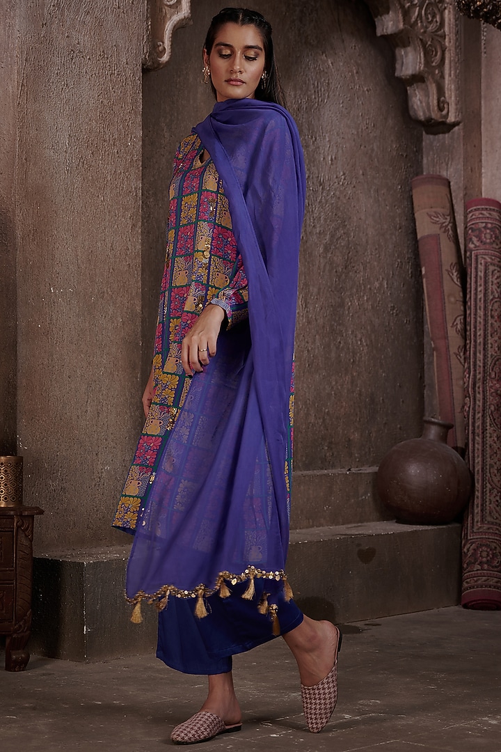 Royal Blue Viscose Crepe Printed & Embroidered Kurta Set by Affroz at Pernia's Pop Up Shop