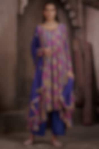 Royal Blue Viscose Crepe Printed & Embroidered Anarkali Set by Affroz