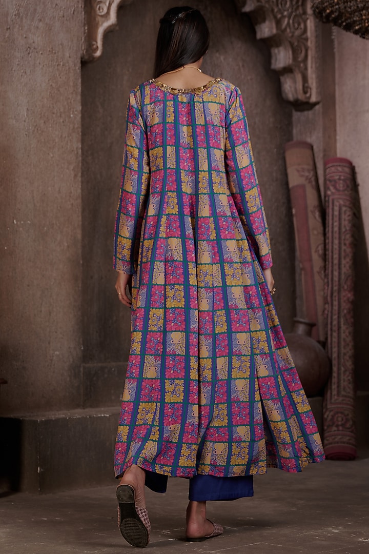 Royal Blue Viscose Crepe Printed & Embroidered Party Wear Anarkali Set by Affroz at Pernia's Pop Up Shop
