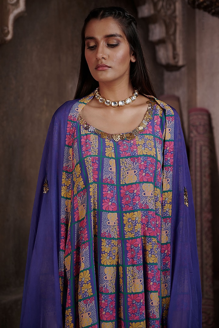 Royal Blue Viscose Crepe Printed & Embroidered Party Wear Anarkali Set by Affroz at Pernia's Pop Up Shop