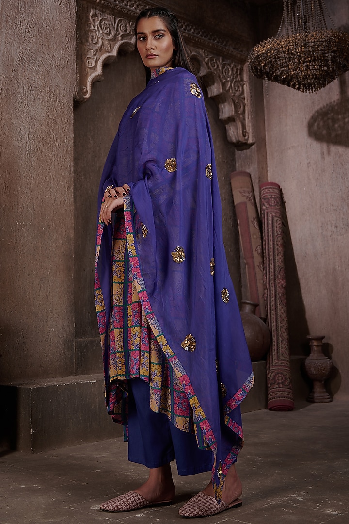 Royal Blue Viscose Crepe Printed & Embroidered Party Wear Anarkali Set by Affroz at Pernia's Pop Up Shop