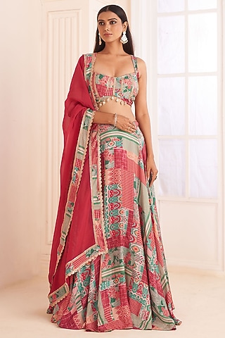 Multi-Colored Viscose Crepe Patch Printed Lehenga Set by Affroz