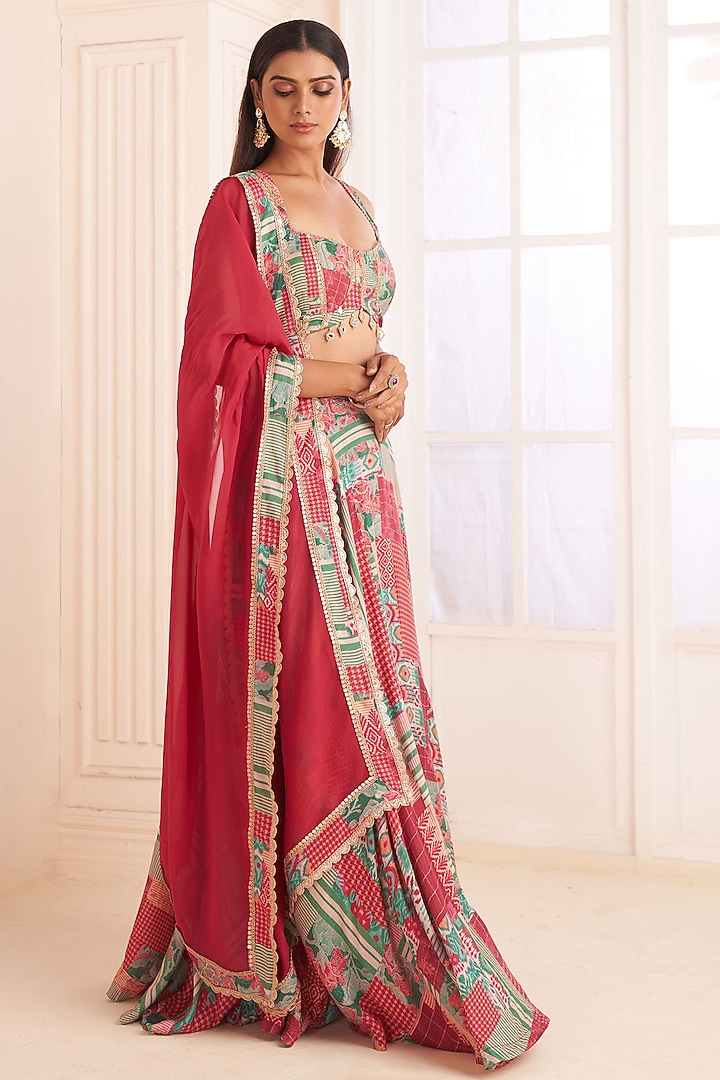 Multi-Colored Viscose Crepe Patch Printed Lehenga Set by Affroz at Pernia's Pop Up Shop
