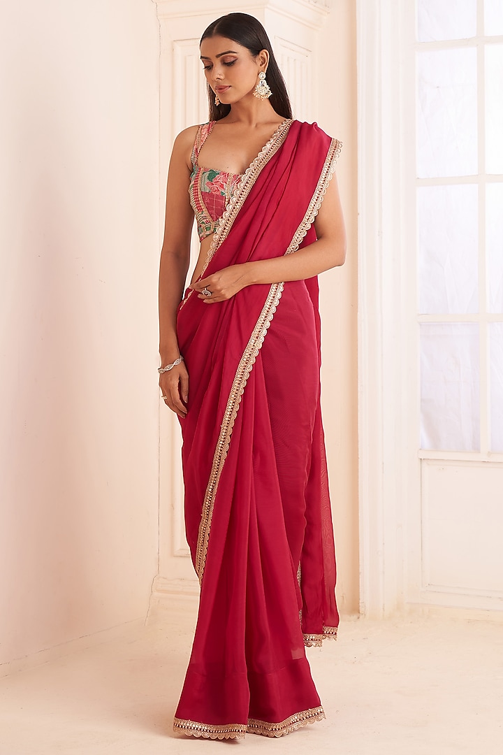 Rose Red Organza Gold Embroidered Saree Set by Affroz