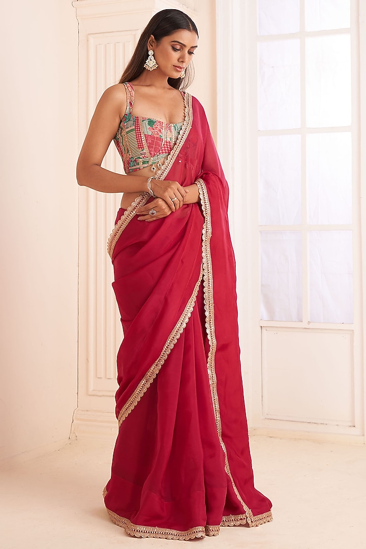 Rose Red Organza Gold Embroidered Party Wear Saree Set by Affroz at Pernia's Pop Up Shop