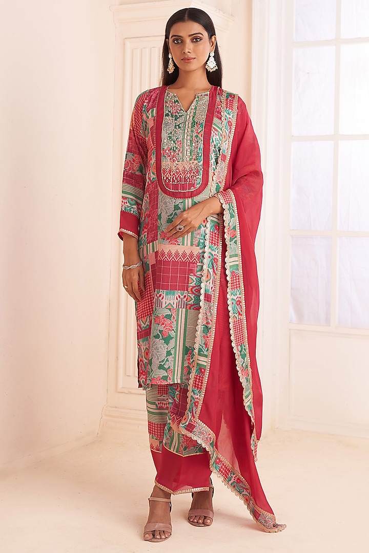 Multi-Colored Viscose Crepe Patch Printed Straight Kurta Set by Affroz at Pernia's Pop Up Shop