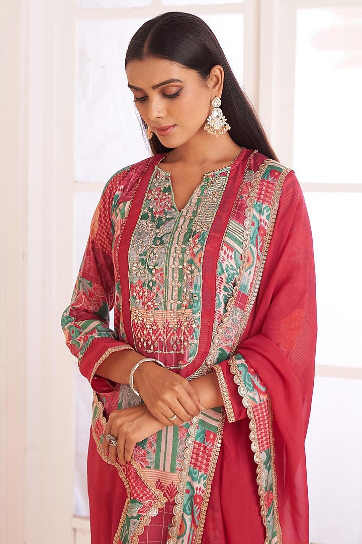 Multi-Colored Viscose Crepe Patch Printed Straight Kurta Set by Affroz at Pernia's Pop Up Shop