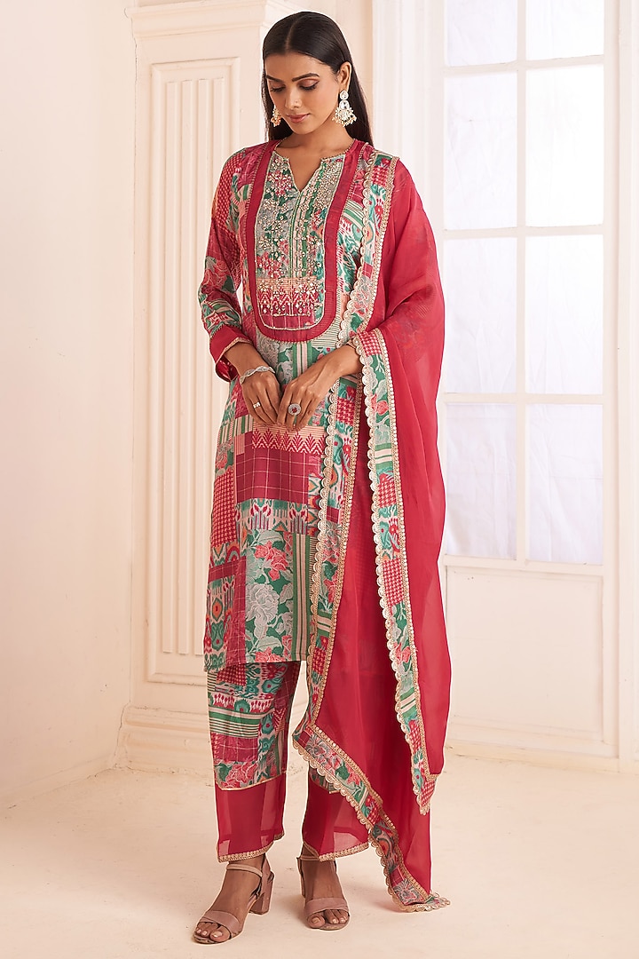 Multi-Colored Viscose Crepe Patch Printed Straight Kurta Set by Affroz at Pernia's Pop Up Shop