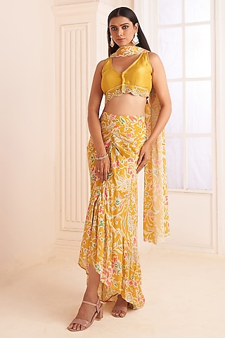 Mustard Yellow Viscose Crepe Floral Printed Skirt Set by Affroz