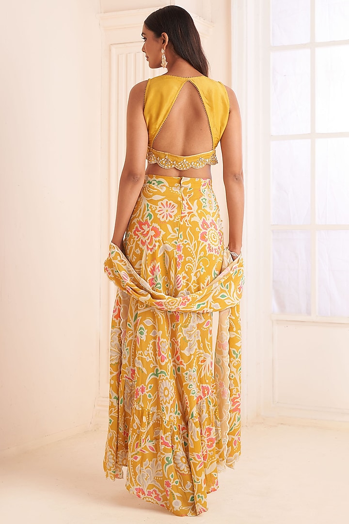 Mustard Yellow Viscose Crepe Floral Printed Skirt Set by Affroz at Pernia's Pop Up Shop