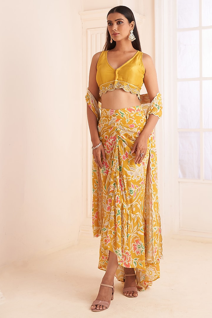 Mustard Yellow Viscose Crepe Floral Printed Skirt Set by Affroz at Pernia's Pop Up Shop