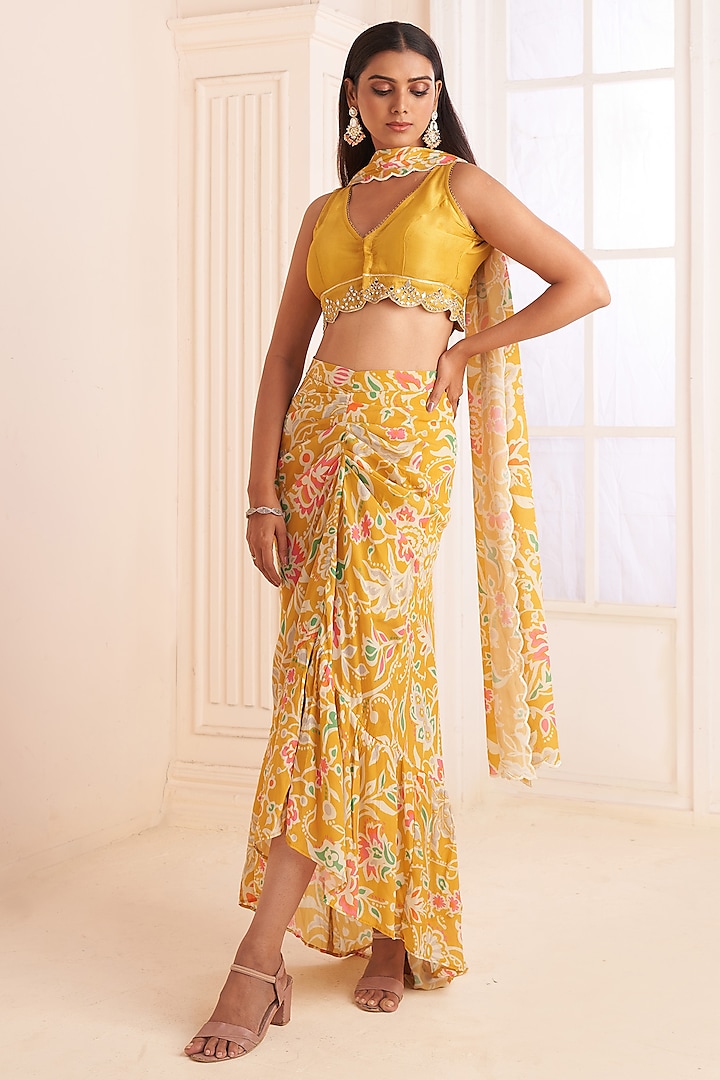 Mustard Yellow Viscose Crepe Floral Printed Skirt Set by Affroz at Pernia's Pop Up Shop