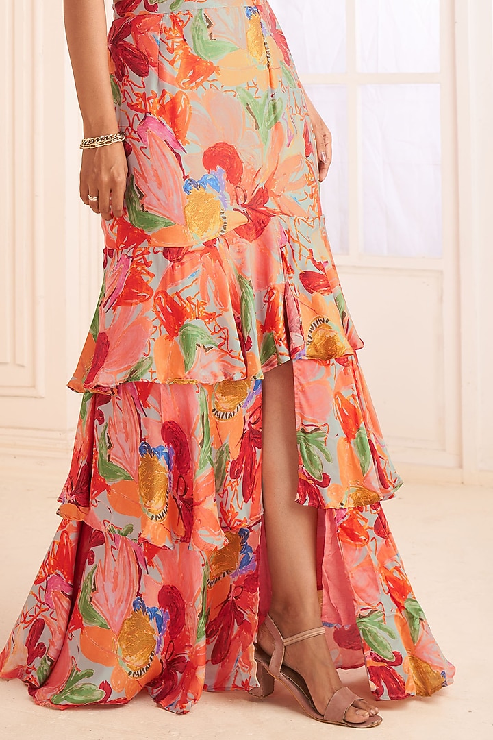 Blush Pink Modal Satin Abstract Floral Printed Layered Skirt Set by Affroz at Pernia's Pop Up Shop