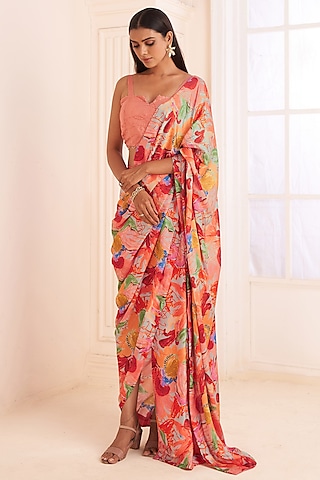 Blush Pink Modal Satin Abstract Floral Printed Pre-Draped Saree Set by Affroz