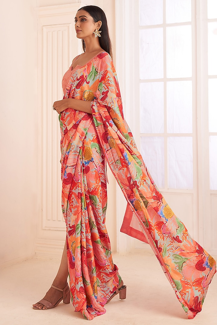 Blush Pink Modal Satin Abstract Floral Printed Pre-Draped Party Wear Saree Set by Affroz at Pernia's Pop Up Shop